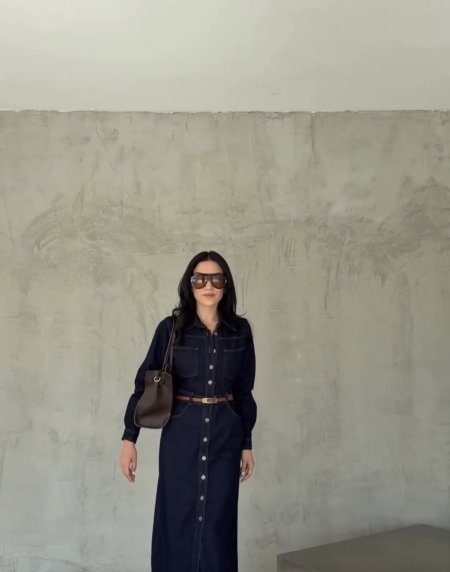 فستان جينز مع قشاط بني